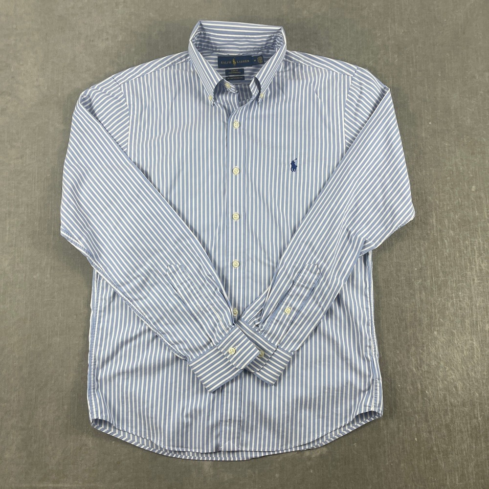 Ralph Lauren Mens M Blue Striped Button Down Shirt Slim Fit Performance Untucked